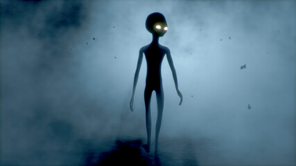 Gruseliger grauer Außerirdischer geht und sieht auf einem dunklen, rauchigen Hintergrund blinkend aus. Futuristisches UFO-Konzept. 3D-Rendering.