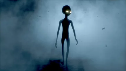 Poster Im Rahmen Gruseliger grauer Außerirdischer geht und sieht auf einem dunklen, rauchigen Hintergrund blinkend aus. Futuristisches UFO-Konzept. 3D-Rendering. © merlin74