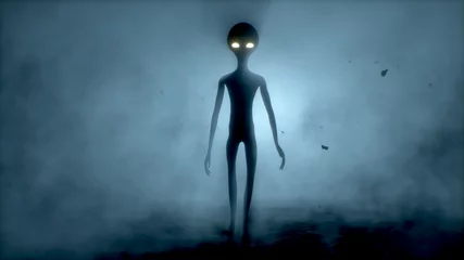 Foto auf Acrylglas UFO Gruseliger grauer Außerirdischer geht und sieht auf einem dunklen, rauchigen Hintergrund blinkend aus. Futuristisches UFO-Konzept. 3D-Rendering.