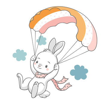 recommend clip art: Vector illustration of a cute bunny flying with a parachute.