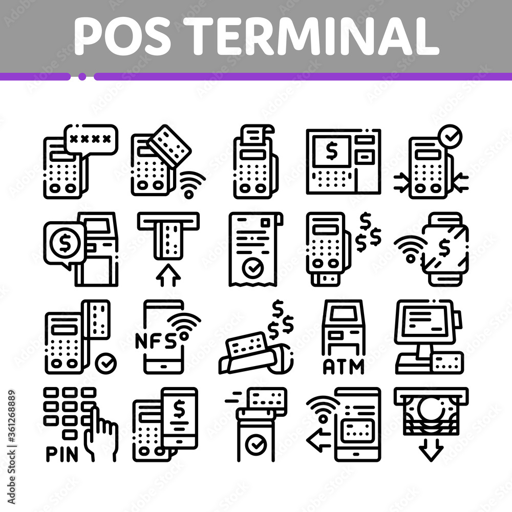 Poster pos terminal device collection icons set vector. bank terminal and atm, smartphone nfc pay system ap
