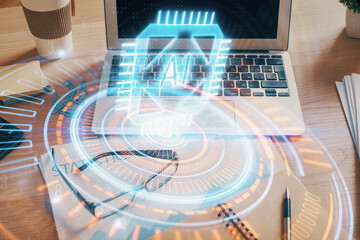 Multi exposure of desktop with computer on background and tech theme drawing. Concept of big data.