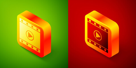 Isometric Play Video icon isolated on green and red background. Film strip sign. Square button. Vector Illustration.