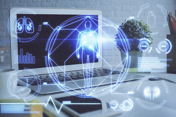 Desktop computer background and education theme drawing. Double exposure. Study concept.