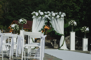 Wedding ceremony arch decor on blue background