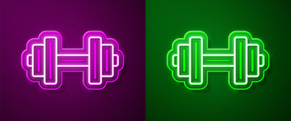 Glowing neon line Dumbbell icon isolated on purple and green background. Muscle lifting icon, fitness barbell, gym, sports equipment, exercise bumbbell. Vector Illustration.