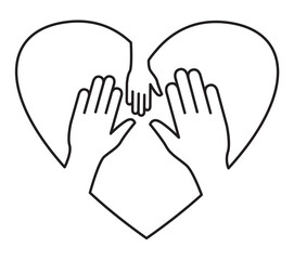 Family icon, heart and hand sign. Family concept. Symbol of child care. Vector linear illustration isolated on the white background. 