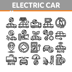 Electric Car Transport Collection Icons Set Vector. Electrical Car And Truck, Battery Charging And Vehicle Repair, Ecology Transportation Concept Linear Pictograms. Monochrome Contour Illustrations
