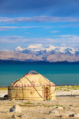 Traditional Kyrgyz national yurt. Karakol Lake, Tajikistan.