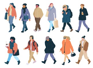 Set walking people of season casual clothes winter, spring and autumn street style. Vector flat cartoon collection of colorful isolated illustration.