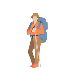 Woman with hiking backpack, hat and trekking sticks. Young explorer or traveller in sportswear. Adventure tourism, travel and discovery flat vector illustration.