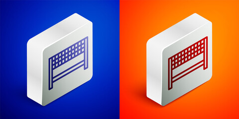 Isometric line Ribbon in finishing line icon isolated on blue and orange background. Symbol of finish line. Sport symbol or business concept. Silver square button. Vector Illustration.