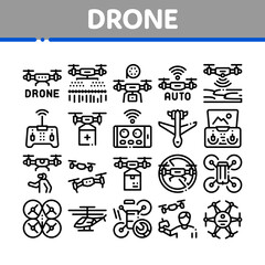 Drone Fly Quadrocopter Collection Icons Set Vector. Drone Remote Control And Smartphone Application, Helicopter And Air Plane Concept Linear Pictograms. Monochrome Contour Illustrations