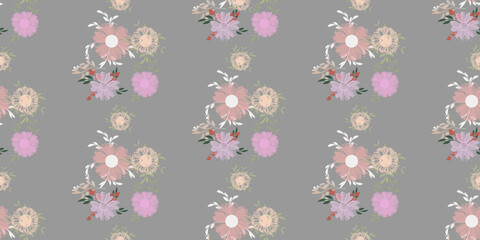 Seamless pattern with colorful hand drawn flowers. Original textile, wrapping paper, wall art surface design. Vector illustration. Floral simple minimalistic graphic desig