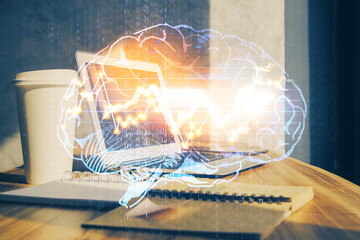 Multi exposure of work space with computer and human brain hologram. Brainstorm concept.