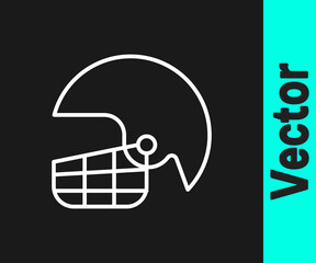 White line American football helmet icon isolated on black background. Vector Illustration.