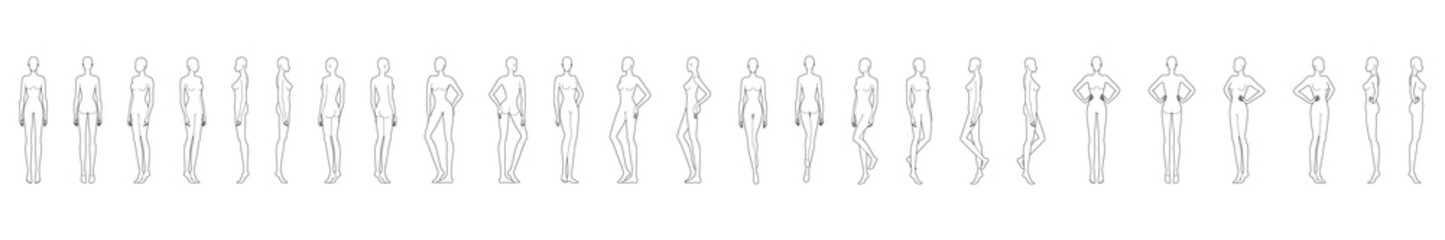 Fashion template of 25 women in different poses. 9 head size for technical drawing. Lady figure front, side, 3-4 and back view. Vector girls for fashion sketching and illustration.