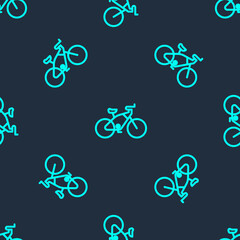 Green line Bicycle icon isolated seamless pattern on blue background. Bike race. Extreme sport. Sport equipment. Vector Illustration.