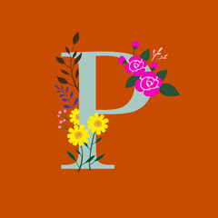 Whimsical floral botanical monogram alphabet - capital P vector elements