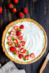 Strawberry cake with mascarpone cheese, almonds and mint. Tart. Cheesecake. Pie. Vegetarian food. Recipe.