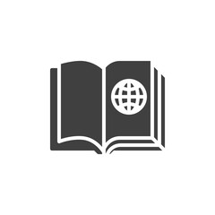 Geography book vector icon. filled flat sign for mobile concept and web design. Open book page with world globe glyph icon. Symbol, logo illustration. Vector graphics
