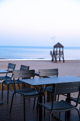 Beach bar view towards the ocean at dusk in Qinhuang island, Hebei