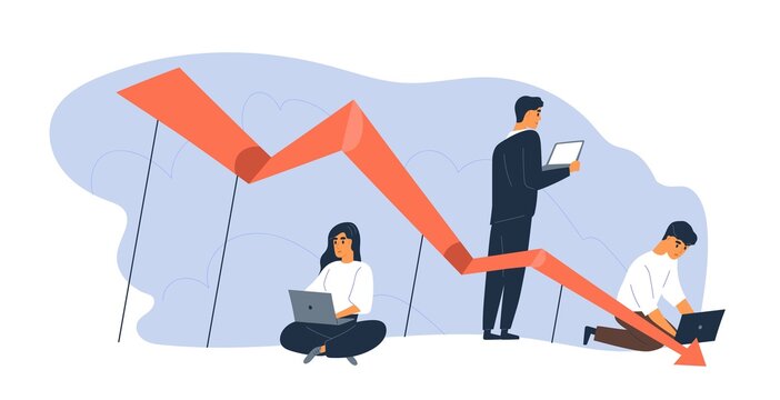 Business people use laptop with arrow point downwards vector flat illustration. Global financial crisis, recession and losing profits. Businessman and team during economy crash or bankruptcy isolated