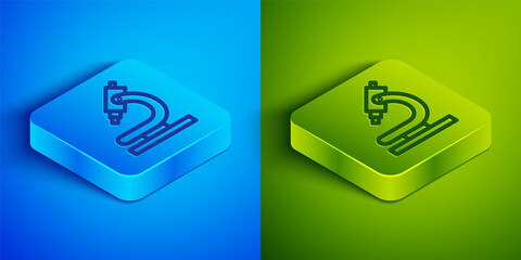 Isometric line Microscope icon isolated on blue and green background. Chemistry, pharmaceutical instrument, microbiology magnifying tool. Square button. Vector Illustration.