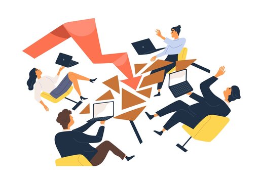 Business man and woman during economic crisis vector flat illustration. Team of office workers with laptop falling from chair isolated. Global finance problem, losing profits or company bankruptcy