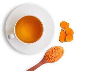 Closeup cup of hot Turmeric tea with tumeric powder isolated on white background 