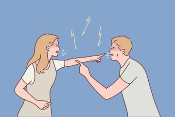 Family, couple, quarrel, divorce, agression, conflict concept. Young aggressive man boyfriend and woman girlfriend parents yelling and quarrelling. Crisis marriage problem trouble and disagreement.