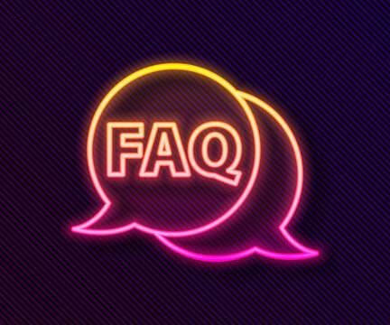 Glowing neon line Speech bubble with text FAQ information icon isolated on black background. Circle button with text FAQ. Vector Illustration.