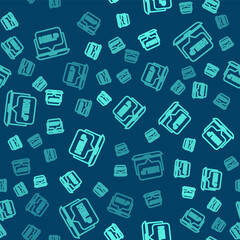 Fototapeta premium Green line Laptop and help icon isolated seamless pattern on blue background. Adjusting, service, setting, maintenance, repair, fixing. Vector Illustration.