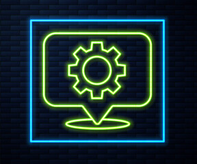 Fototapeta na wymiar Glowing neon line Location with gear icon isolated on brick wall background. Vector Illustration.