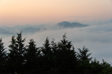 夜明けのオレンジの空と雲海