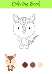 Coloring page happy little baby armadillo. Printable coloring book for kids. Educational activity for kindergarten and preschool with cute animal. Flat cartoon colorful vector illustration.