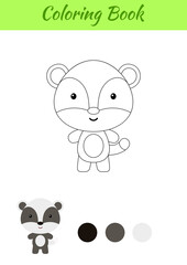Obraz na płótnie Canvas Coloring page happy little baby badger. Printable coloring book for kids. Educational activity for kindergarten and preschool with cute animal. Flat cartoon colorful vector illustration.