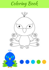Coloring page happy little baby peacock. Printable coloring book for kids. Educational activity for kindergarten and preschool with cute animal. Flat cartoon colorful vector illustration. © Jexy
