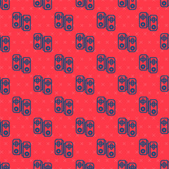 Blue line Gamepad icon isolated seamless pattern on red background. Game controller. Vector Illustration.