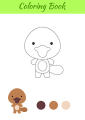 Coloring page happy little baby platypus. Printable coloring book for kids. Educational activity for kindergarten and preschool with cute animal. Flat cartoon colorful vector illustration.