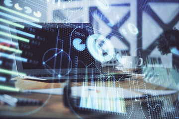 Technology theme drawing and work space with computer. Double exposure. Concept of innovation.