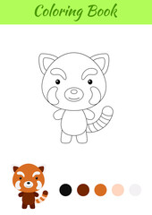 Obraz na płótnie Canvas Coloring page happy little baby red panda. Printable coloring book for kids. Educational activity for kindergarten and preschool with cute animal. Flat cartoon colorful vector illustration.
