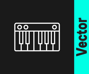 White line Music synthesizer icon isolated on black background. Electronic piano. Vector Illustration.