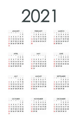 2021 Calendar Planner Design.Week Starts on Sunday.