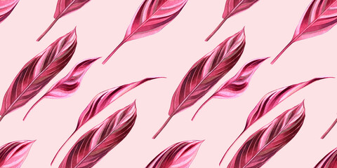 Watercolor painting colorful tropical pink leaves seamless pattern background.Watercolor hand drawn illustration tropical exotic leaf prints for wallpaper,textile Hawaii aloha summer style. © nongnuch_l