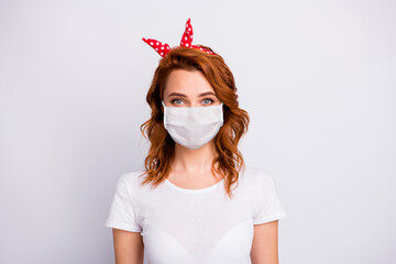 Close-up portrait of her she nice pretty healthy content girl wearing cotton safety mask mers cov...