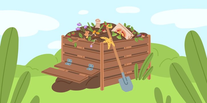 Compost box with bio recycling garbage vector illustration. Pile of waste products for organic fertilizer. Agricultural gardening recycle. Bin with natural trash to reduce environmental pollution