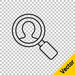 Black line Magnifying glass for search a people icon isolated on transparent background. Recruitment or selection. Search for employees and job. Vector Illustration.