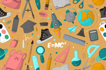 Back to school vector set. Seamless pattern with school stationery. Cartoon style illustrations. Endless texture. Autumn sale concept.