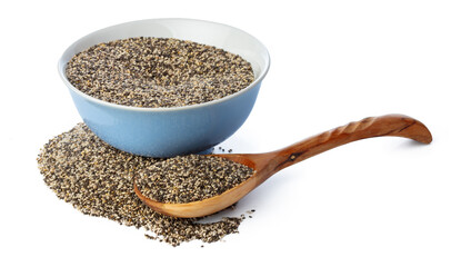 Bowl with chia seeds isolated on white